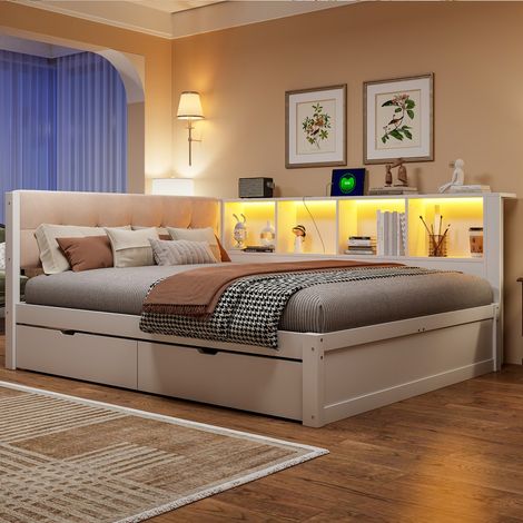 Canapé-lit lit de jour 140 x 200 cm lit double blanc pin, tiroirs de rangement, LED intensité variable, étagère et port USB (sans matelas) (1/5)