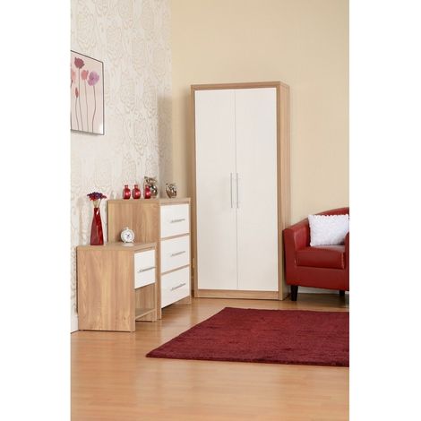 Seconique Seville White Gloss & Oak 3 Piece Bedroom Set Wardrobe, Drawers & Bedside Cabinet (1/5)