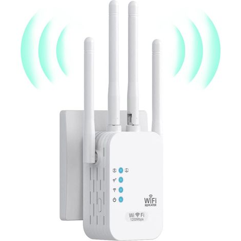 Powerful WiFi Repeater, 1200Mbps Dual Band 5GHz/2.4GHz WiFi Amplifier, 4 Antenna WiFi Repeater, 2 LAN Ports, WiFi Extender Compatible with All Internet Boxes