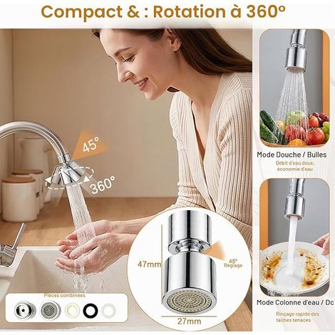 Mousseur Robinet, Aérateur de Robinet Brossé, Embout de Mitigeur pour Robinet de Cuisine avec 2 Jets Orientable à 360°, Buse Filetage M22, Matériau ABS Durable (1/4)