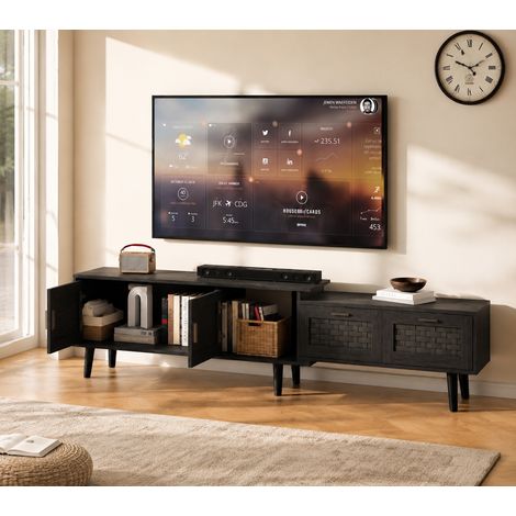 Meuble TV Extensible(146-180cm), Banc de télévision pour salon jusqu'à 75 pouces avec Portes et Tiroirs, En imitation rotin et bois vintage, Noir (1/5)