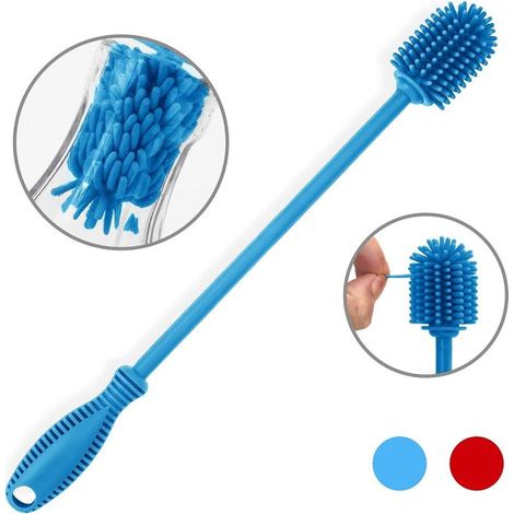 Una spazzola in silicone con manico lungo per la pulizia di biberon, thermos, borracce sportive, vasi e oggetti in vetro, particolarmente adatta per aperture di bottiglie di piccolo diametro - blu.