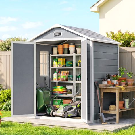 Outsunny Abri de Jardin Cabanon 2,12m² en Résine Polypropylène - 2 Portes, 1 Fenêtre & 1 Grille d'Aération, Toit à Pignon, Gris