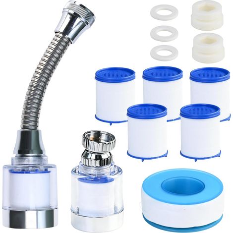 Water Filter Tap 360° Rotatable – 2 Pieces with 5 Cartridges – Water Filter Tap for Kitchen and Bathroom – Anti-Limescale Filter Tap