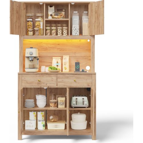 Buffet haut de cuisine Marron,meuble de rangement moderne,avec 2 tiroirs,prise avec USB,LED,100x40x180cm (1/5)