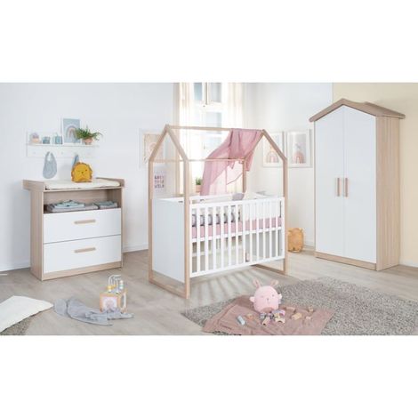 Chambre bébé complete : Lit 60 x 120 cm + commode a langer évolutive + armoire - CABANE - ROBA - Chene / Blanc