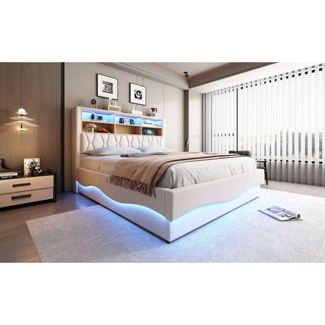 Lit coffre 180x200 cm beige en lin, lit double hydraulique avec LED connectée, USB, sommier métal inclus, rangement intégré (1/5)