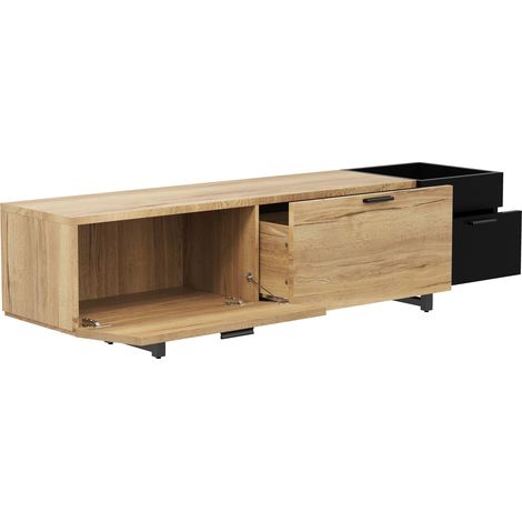 Mobile TV moderno in legno naturale e nero 180 x 38 x 49 cm con vani aperti e cassetti (1/5)