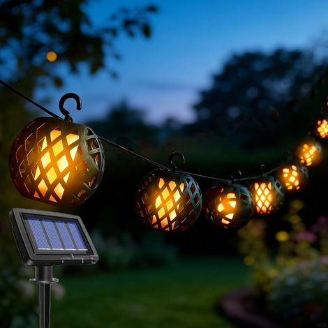 Lot de 8 guirlandes lumineuses solaires avec effet flamme, lampes solaires vacillantes, guirlandes en rotin so-lar à suspendre, lanternes de jardin d'extérieur blanc chaud pour terrasse (1/5)