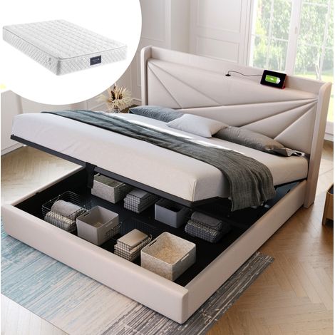 lit coffre 160x200 avec USB-C et matelas beige HAVRYA (1/5)