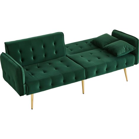 Sofá cama de 2 plazas de terciopelo verde con respaldo y reposabrazos regulables MODENUIT (1/5)