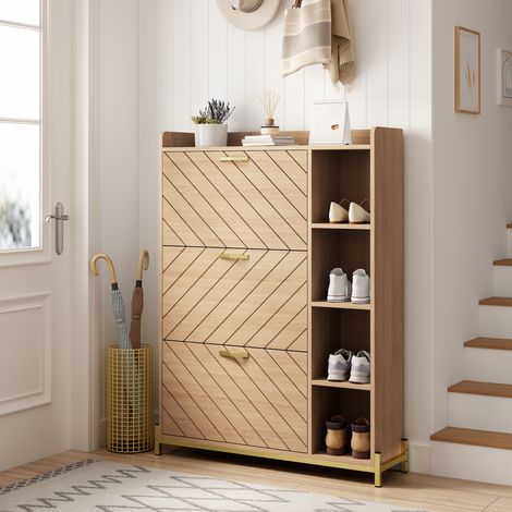 Zapatero abatible (90x24x119 cm), con tres puertas, diseño ultrafino, estantes laterales, MDF, natural (1/5)