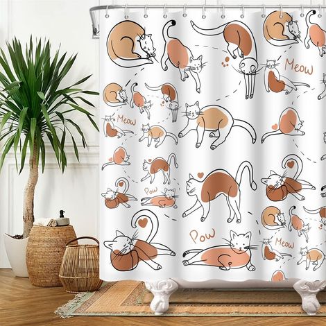 165x183cm Mignon Chat Rideau de Douche Marrant Dessin animé Chat Imprimé à la Main Rideau de Bain Thème Enfant Chaton Minou Blanc Rideau de Bain Polyester pour Salle de Bain avec Crochets (1/5)