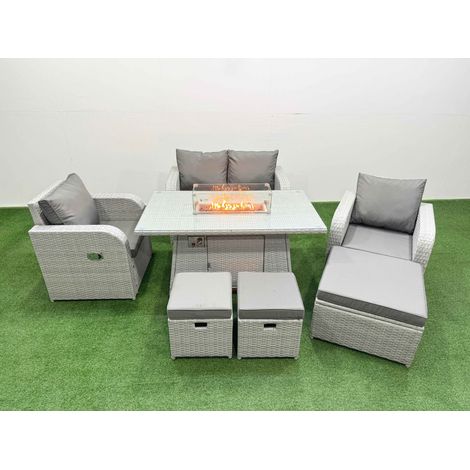 Fimous Light Grey PE Wicker Rattan Garden Furniture Set Sofa Set Reclining Chair Firepit Dining Table 7 Seater 3 Stools (1/4)