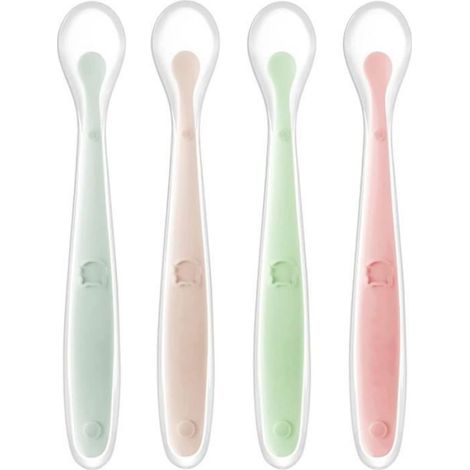 4 Cuillère en silicone, courbée douce, sans BPA, pour bébé de plus de 1 mois (1/4)
