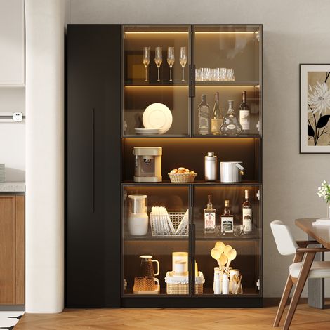 Vitrine en verre 110x35x160 cm noire avec LED - Étagères extensibles, tiroirs - Rangement polyvalent pour salon, cuisine et bureau - Meuble vitré moderne. (1/5)