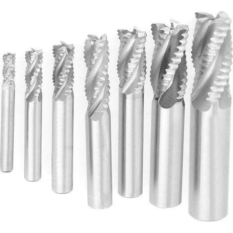 Ensemble de 7 fraises à 4 dents en acier rapide (HSS) de 6 à 20 mm, pour ébauche et brise-copeaux. (1/5)