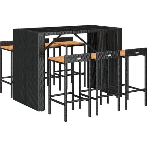 Conjunto de bar de jardín muebles de exterior terraza 7 piezas ratán sintético negro/madera maciza de acacia 020013489 (1/5)