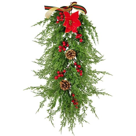 Großer, 25,5 Zoll langer Girlande aus grünen Kiefernnadeln mit Weihnachtsblumen, roten Beeren und Tannenzapfen für Türen, Fenster und Wände (1/2)