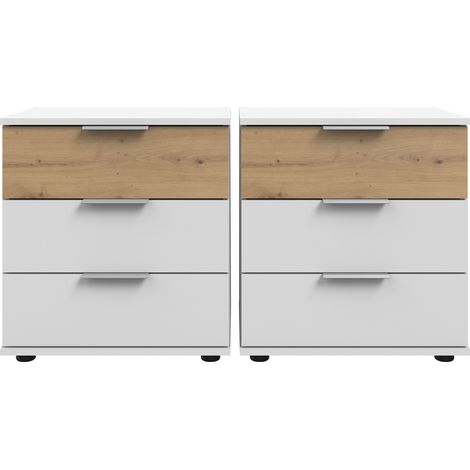 Schlafzimmer Nachtschrank Nachttisch, 2er Set, auch für Boxspringbetten, in weiß mit Artisan Eiche Nb. GRANADA-43, B/H/T je ca. 52/58/38 cm (1/3)