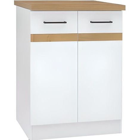 JUNONA Meuble bas de cuisine 60 cm - 2 Portes - Plan de travail - Blanc brillant (1/3)