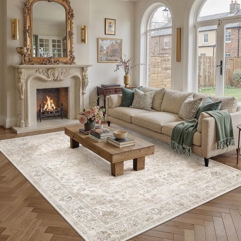 Tapis Vintage Beige pour Salon 300x400cm Antidérapant Lavable pour Chambre, Tapis de Salon, Séjour, Chambre d'enfant, Bureau, Tapis Poil Court Doux (1/5)
