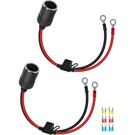 Prise Allume-Cigare 12V Cordon D'alimentation de Voiture, Allume-Vigare de Voiture de 1 pi Femelle à Anneau Câble de Bornes à œillets avec fusible 10a / 15a / 20a (2 Pack) (1/5)