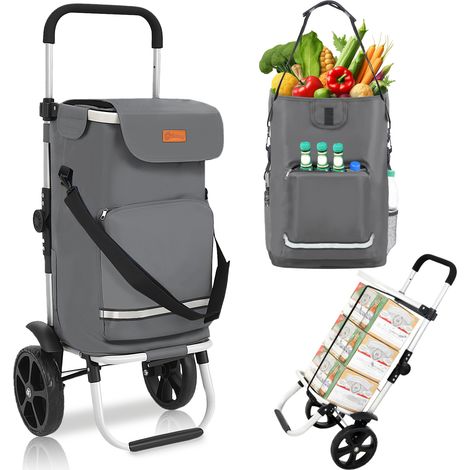 Sekey Chariot de courses 3-en-1 pliable en aluminium – sac imperméable avec compartiment isotherme – 2 roues – 42 L – charge max. 35 kg – gris