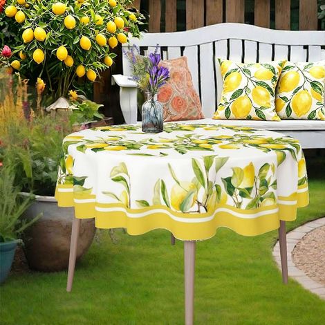 Nappe ronde 1 pièce, bordure jaune pâle et imprimé citron, thème solstice d'été, légère, idéale pour les dîners décontractés et les fêtes. (1/4)