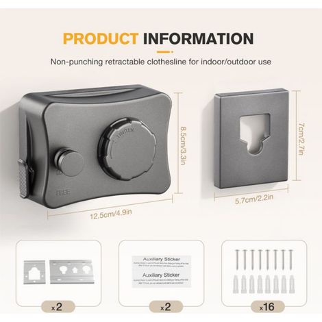 Corde A Linge Rétractable - 5,1 M - Acier Inoxydable 304 - Pour Intérieur Et Extérieur - 1 Pièce (1/5)