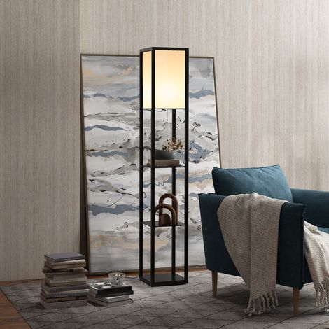 Lámpara de pie con estantes E27 40 W, 26 x 26 x 160 cm, negro, OKWISH (1/5)