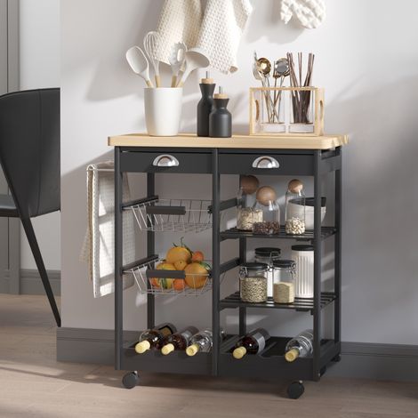 Servierwagen mit Rollen, Gemüsewagen, Küchenwagen mit 2 Schubladen, 2 Körben und 2 Ablagen, 74 x 37 x 76 cm, Schwarz