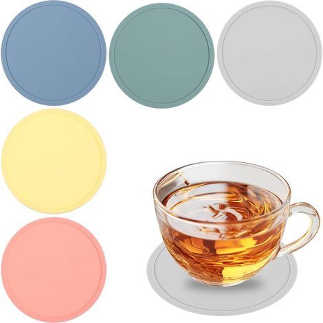 5-teiliges Set runder Silikon-Untersetzer, 10 cm, multifunktionale Untersetzer, hitzebeständig und rutschfest, ideal als Serviermatten für Bars, Cafés, Partys, Büros, Küchen, Tassen und Teller (1/5)