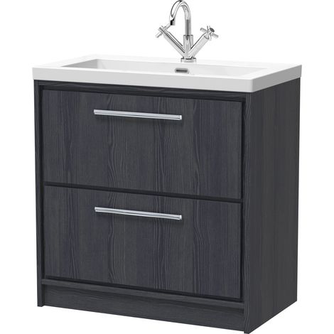 Longnor 2 Drawer Floor Standing Vanity Unit with 1 Tap Hole Modern Fireclay Basin, Woodgrain Graphite Grey, 800mm