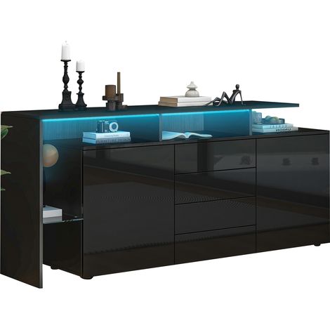Buffet LED noir brillant 160 cm avec 4 tiroirs, 2 portes, niche vitrée et port USB, meuble de salon multifonction en panneau de particules, éclairage d'ambiance – CHICFURN (1/5)