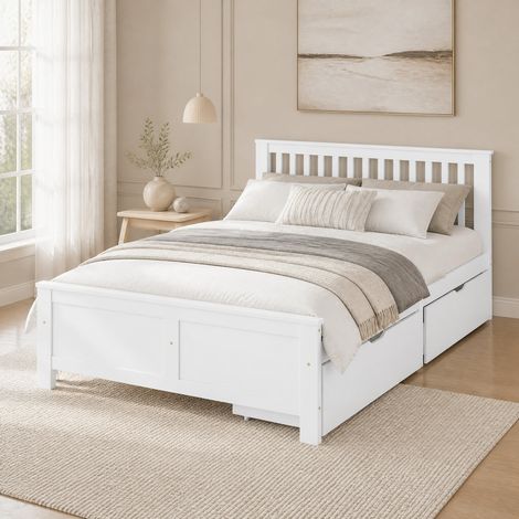 DESMIU Lit avec Tiroirs 2 places, 2 tiroirs de rangement, 140 × 200 cm, sans matelas, en bois massif, blanc (1/5)