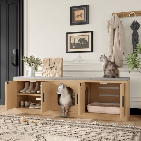 Armoire multifonction pour chat 140 x 40 x 45,5 cm - Griffoir intégré avec aération, meuble félin pour couloir et entrée, cache-litière, niche et toilette