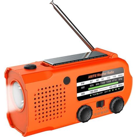 Radio d'urgence à manivelle, lampe LED, AM/FM NOAA, chargeur 5000 mAh, USB, solaire, orange (1/5)