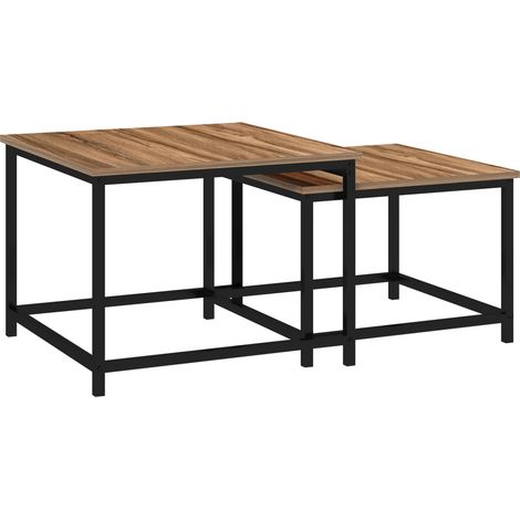 Mesa de centro industrial 2 piezas con efecto madera y acero natural (1/5)