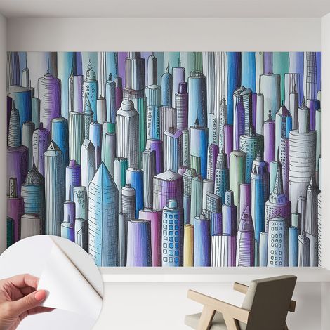 Papier peint autocollant adhésif avec imprimé motifs uniques apparence moderne Gratte-ciel urbains 152x104 cm (1/5)