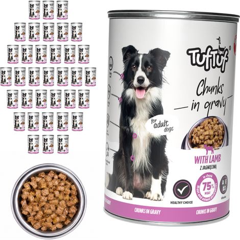 Comida húmeda para perros TufTuf sabor cordero, lata de 36 x 415 g, trozos en salsa. (1/3)