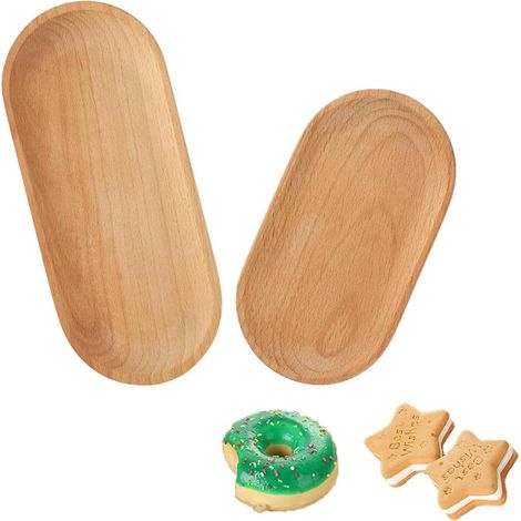 Juego de 2 platos ovalados de madera maciza de haya, sin lacar ni encerar, pulidos a mano, para decoración del hogar, postres, galletas, pan. (1/5)
