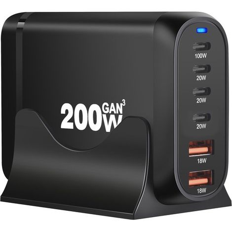 200-W-USB-C-Schnellladestation mit 6 Anschlüssen für iPhone, iPad, MacBook Pro und Mobiltelefone, schwarz (1/4)