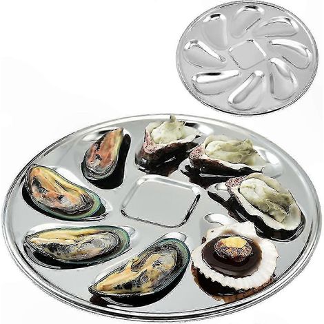 Plateaux de service à huîtres en acier inoxydable, lot de 2, 8 emplacements pour fruits de mer, sauces et garnitures (1/5)