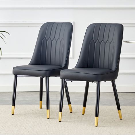 Set di 2 sedie da pranzo in ecopelle PU e metallo con schienale, stile moderno, nero (1/5)