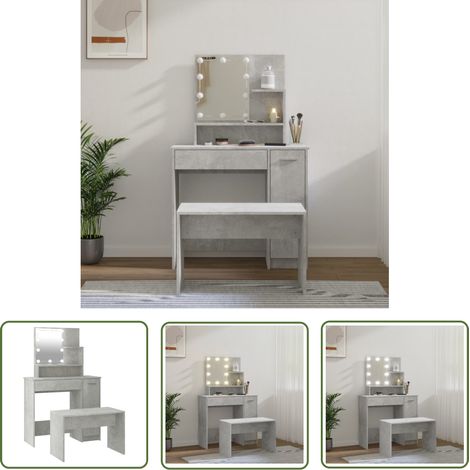 The Living Store Ensemble de coiffeuse avec LED Gris béton Bois d'ingénierie - Table De Maquillage - Coiffeuse Avec Miroir - Meuble De Salle De Bain - Éclairage Led - Rangements (1/5)
