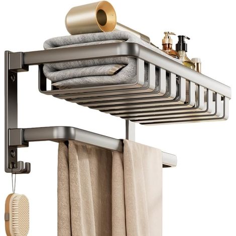 Porte-serviettes mural pliable pour salle de bain, avec barre de support et crochets, design compact, idéal pour les petites salles de bain et toilettes (gris mat) 50 cm (1/5)