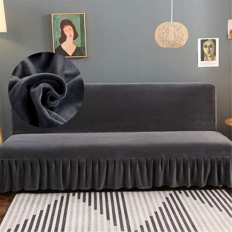 Housse de futon sans accoudoirs en velours noir avec jupe à volants, très extensible, résistante aux taches et lavable en machine, taille S (Gris, M) (1/5)