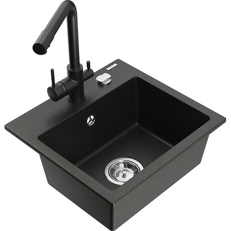 Mexen Milo 1-Becken-Granit-Spüle mit Mischbatterie Duero, Schwarz/Gold metallisch - 6505-75-671600-7 (1/5)
