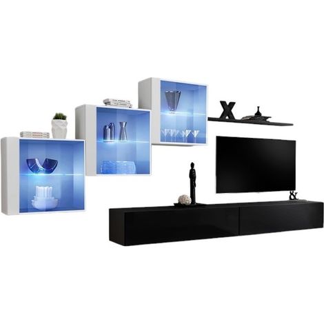Composizione murale SWITCH XX - Doppio mobile TV, cubi con vetro LED e scaffale - Nero e bianco lucido - Design contemporaneo
